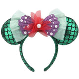 Disney Mickey Mouse Ear Headband Green Mermaid Hair Hoop Fish scale sequin mesh Ribbon Party Headwear Girl Toy Birthday Gift