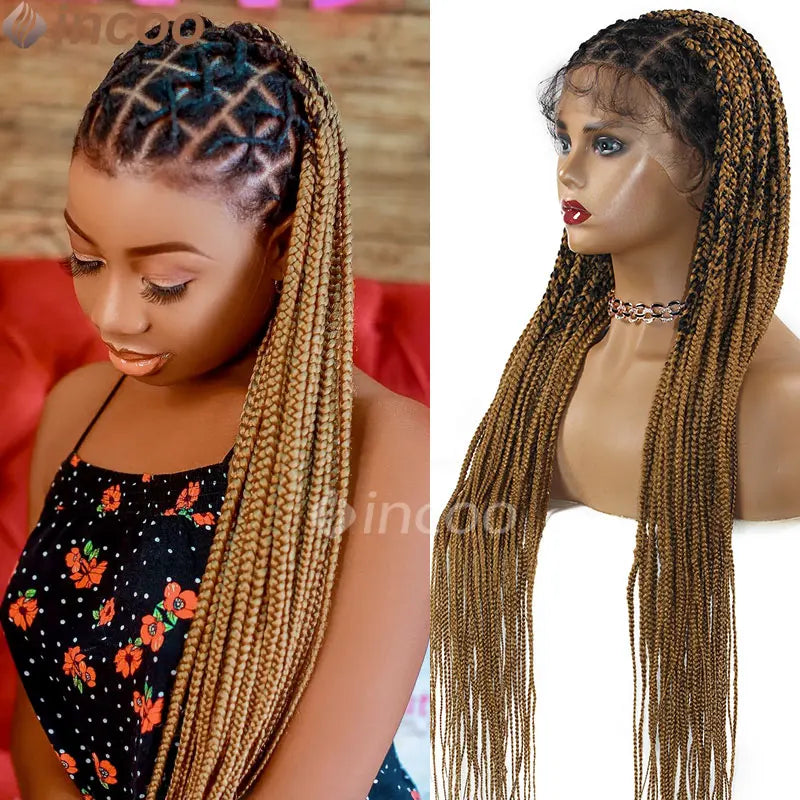 Ombre Blond Box Braided Full Lace Women's Wigs 36" Knotless Crisscross Lace Front Box Braids Wig Super Long Synthetic Braid Wig