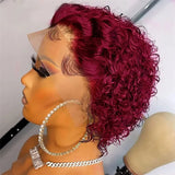 Pixie Cut Wig Short Bob Curly Human Hair Wigs Cheap 13X1 Transparent Lace 99J Burgundy Water Deep Wave Lace Front Wig For Women