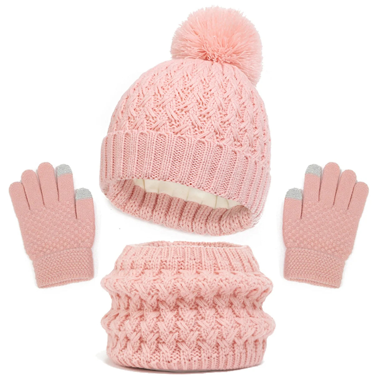 Kids Winter Hat Gloves Scarf Set Girls Toddler Children Hats With Pom Knit Neck Warmer Gaiter Mittens Fleece Lined Sets