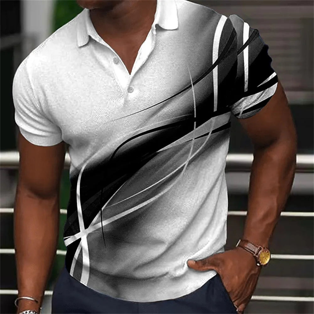 Fashion Men'S Polo Shirt Gradient Line Summer Short Sleeve TShirts Casual Daily Lapel Tops Tees Striped T Shirt For Man Clothing