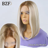 13x3 Blonde Highlight Synthetic Lace Front Bob Wigs Short Cosplay 12Inch Straight Glueless Heat Resistant Wig For Women Daily