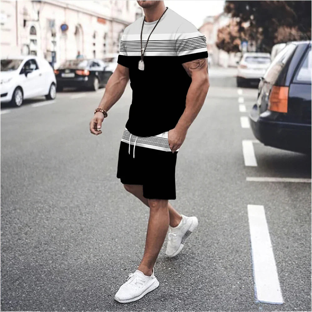 Striped 3D Print T-Shirts Shorts Sets Men's Sports Casual Fashion Streetwear Oversized Short Sleeve T Shirt Pants Set Man Suits