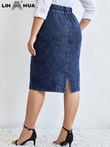 LIH HUA Women's Plus Size Denim Skirt Chic Elegant Skirt For Chubby Women Autumn Knitted Cotton Skirt