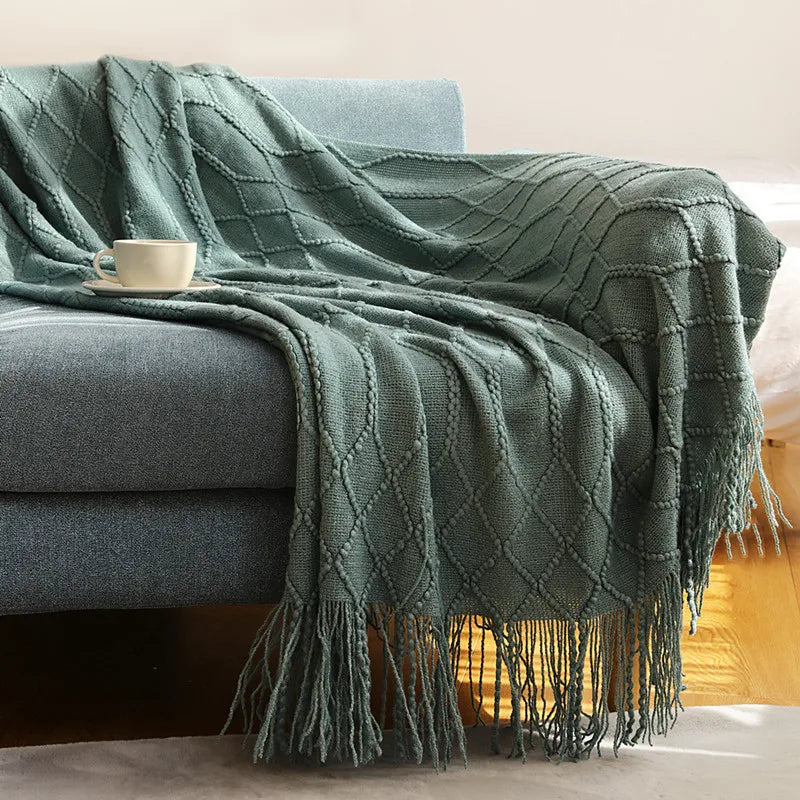 Textured Knitted Throw Blankets with Tassels Cozy Woven Decorative Boho Bed Blanket for Sofa Bed Chair Pattern for All Seasons