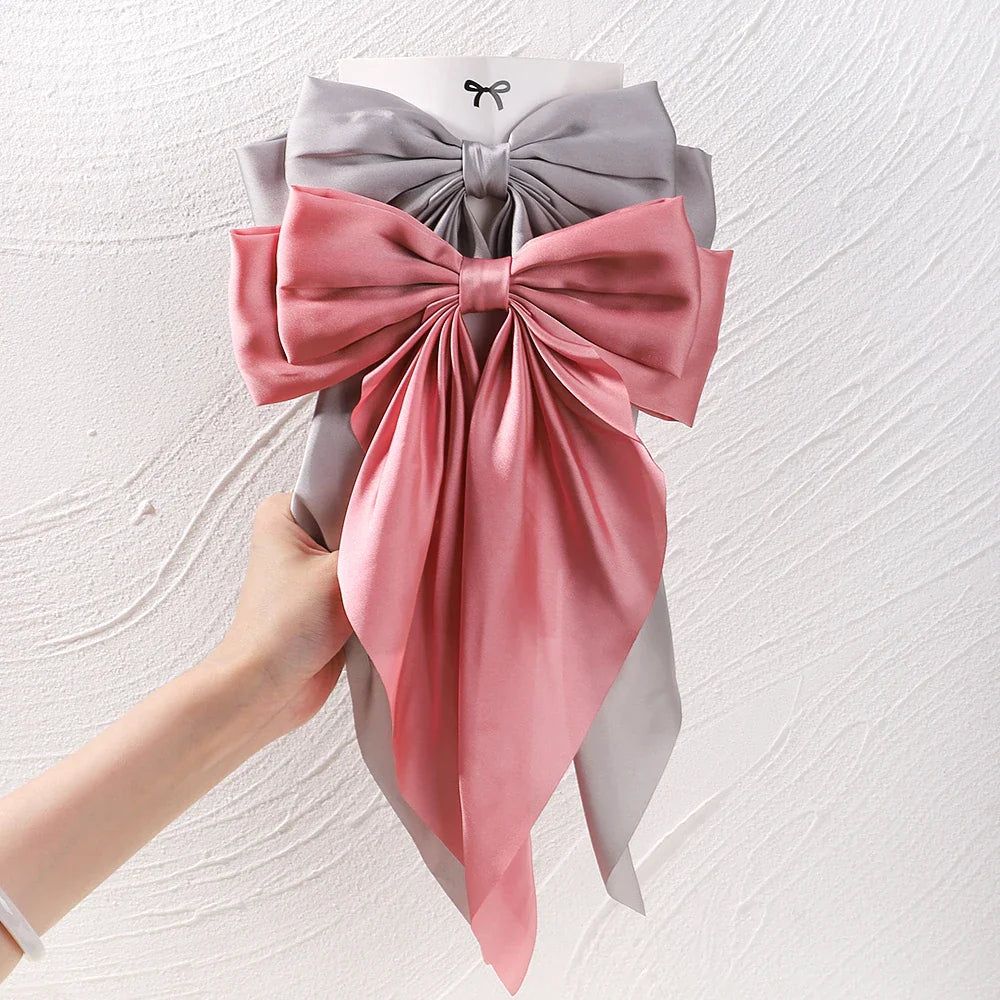 Fashion Two-layers Bowknot Streamer Hairpin Woman Girl Satin Ribbon Barrette Bow Back Head Spring Clip Headwear Hair Accessories