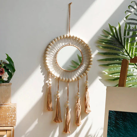 Macrame Wall Mirror Wooden Beads Decorative Mirrors Boho Home Decoration Room Decors Aesthetic Wall Art For Living Room Bedroom