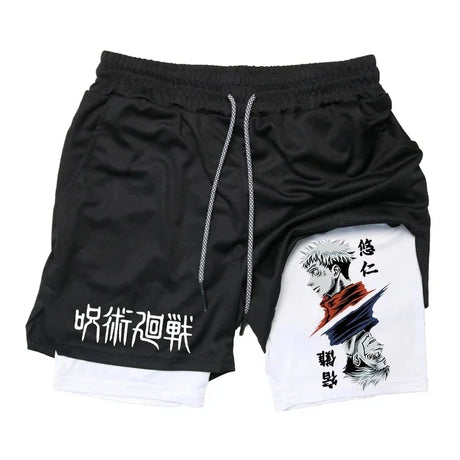 Itadori Yuji 2 in 1 Compression Shorts for Men Anime Jujutsu Kaisen Performance Shorts Basketball Sports Gym Shorts with Pockets