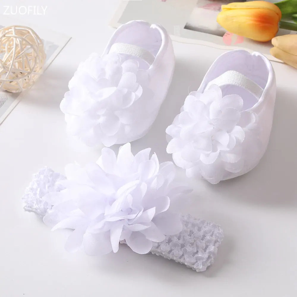 0~18M Cute Bowknot Newborn Baby Shoes Headband Set Anti Slip Toddler Infant First Walker Baby Girls Newborn Soft Sole Pink Shoes