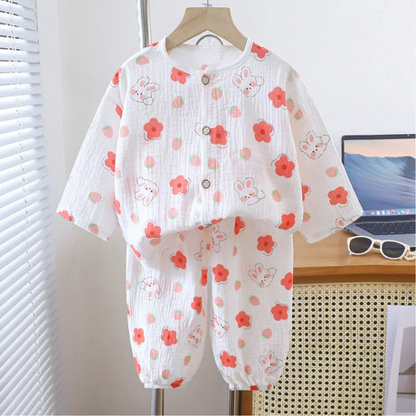 Kids Summer Thin Pajamas Sets New 2023 Boys Girls Cartoon Three-quarter Sleeve Cotton Yarn Shirts with Pants Baby Loungewear