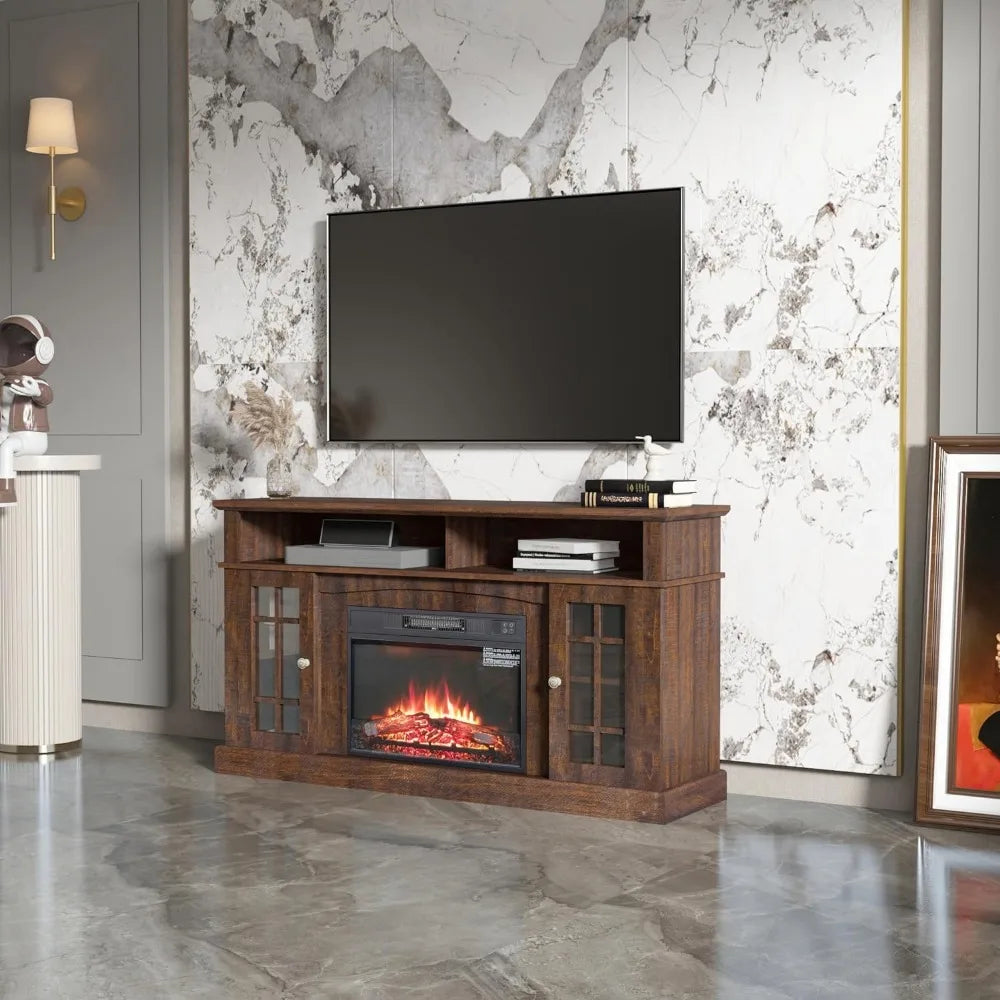 Farmhouse TV Stand for 70 Inches TVs, Storage Cabinet, Entertainment Center with Electronic Fireplace and Remote Control