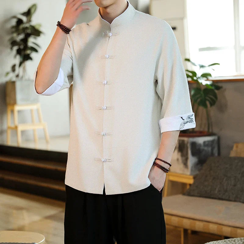 2024 Summer Crane Embroidery Top Traditional Chinese Style Mens Vintage Half Sleeve Linen Shirts Madarin Collar Kungfu Shirt