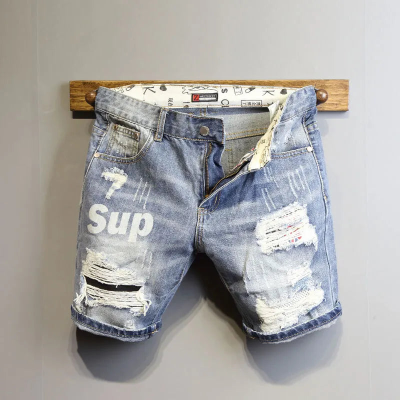 Summer 2022 Light Blue Ripped Cat Whisker Patch Letter Print Slim Denim Shorts Teenagers Jeans Boys and Girls Cowboy Short Pants