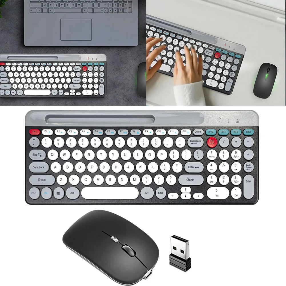 2.4Ghz Bluetooth-compaitble Dual Mode Keyboard and Mouse Combo with Phone Holder Ergonomic Rechargeable for Mac/iOS/Android/Win7