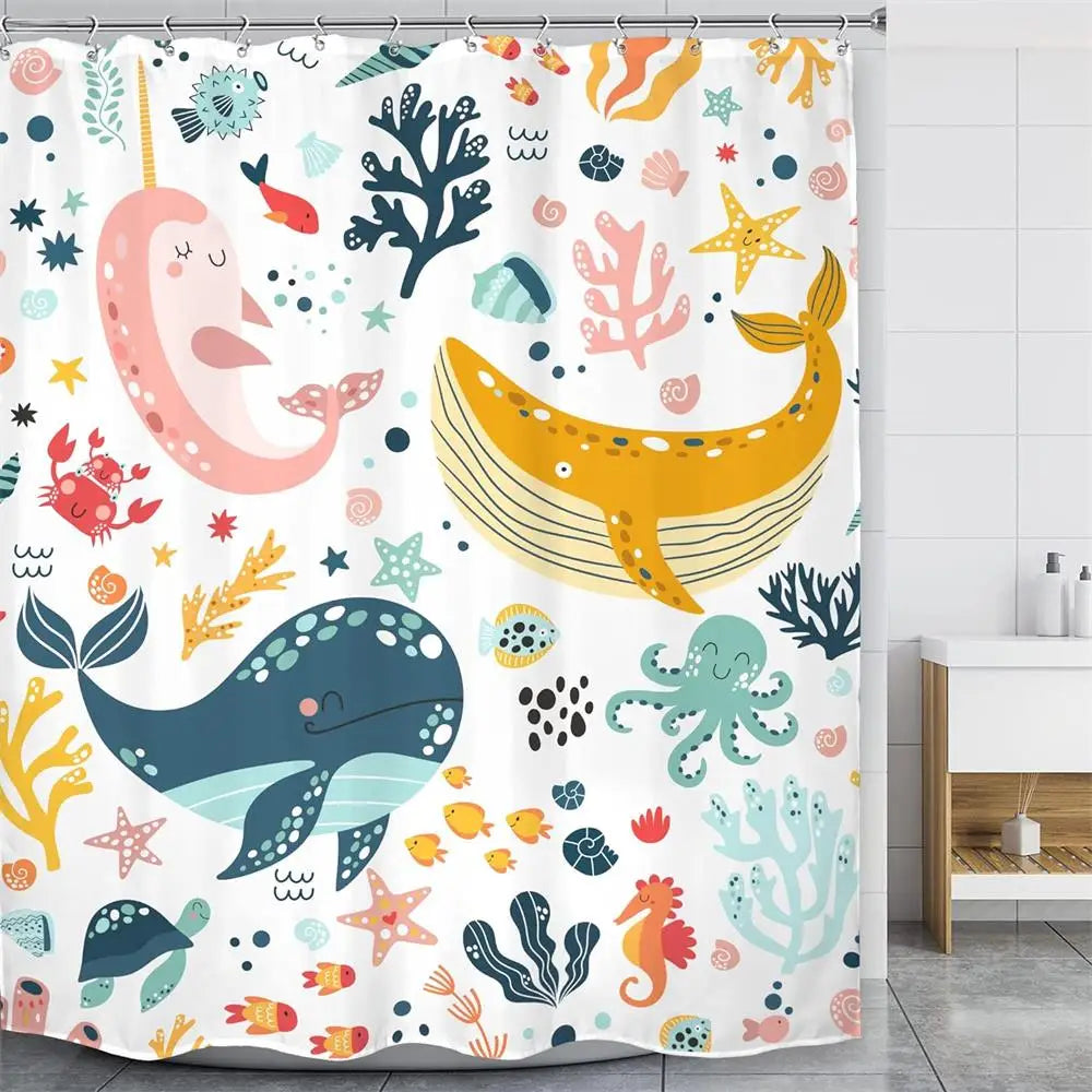 Colorful Tropical Fish Shower Curtains Ocean Animals Kids Bath Curtain Polyester Fabric Waterproof Bathroom Decor Set with Hooks