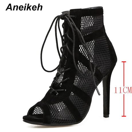 Aneikeh 7CM Middle Heel Dance Hollow Out Ankle Strap Sandal Boots 2023 Fashion Summer Lace Up Cross-tied Peep Toe Lady Shoes