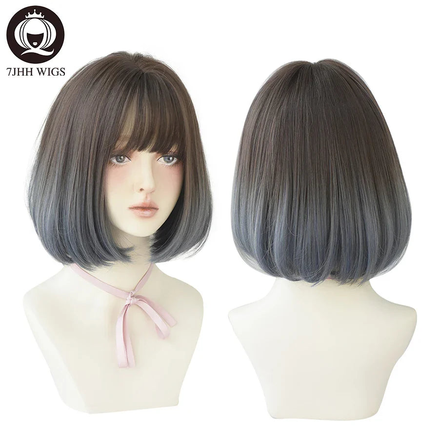 7JHH WIGS Black Short Bob Wig for Girl Daily Wear Synthetic Wig New Style Natural Supple Summer  Heatresistant Wig With Bangs