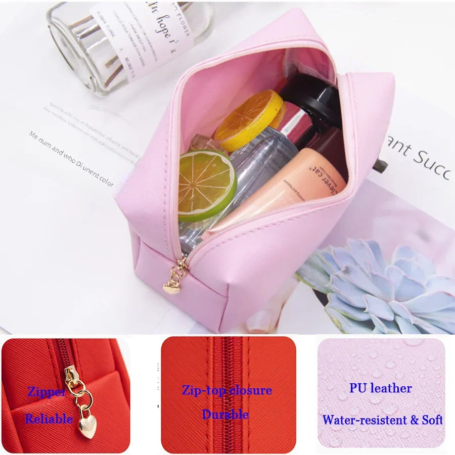 Personalized Embroidery Small Makeup Bag PU Leather Travel Cosmetic Pouch Toiletry Bag for Women Portable Water-Resistant