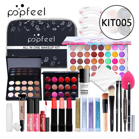 POPFEEL All In One Makeup Set (Eyeshadow, Ligloss, Lipstick, Brushes, Eyebrow, Concealer, Highlight) Cosmetic Bag Eye Shadow Kit