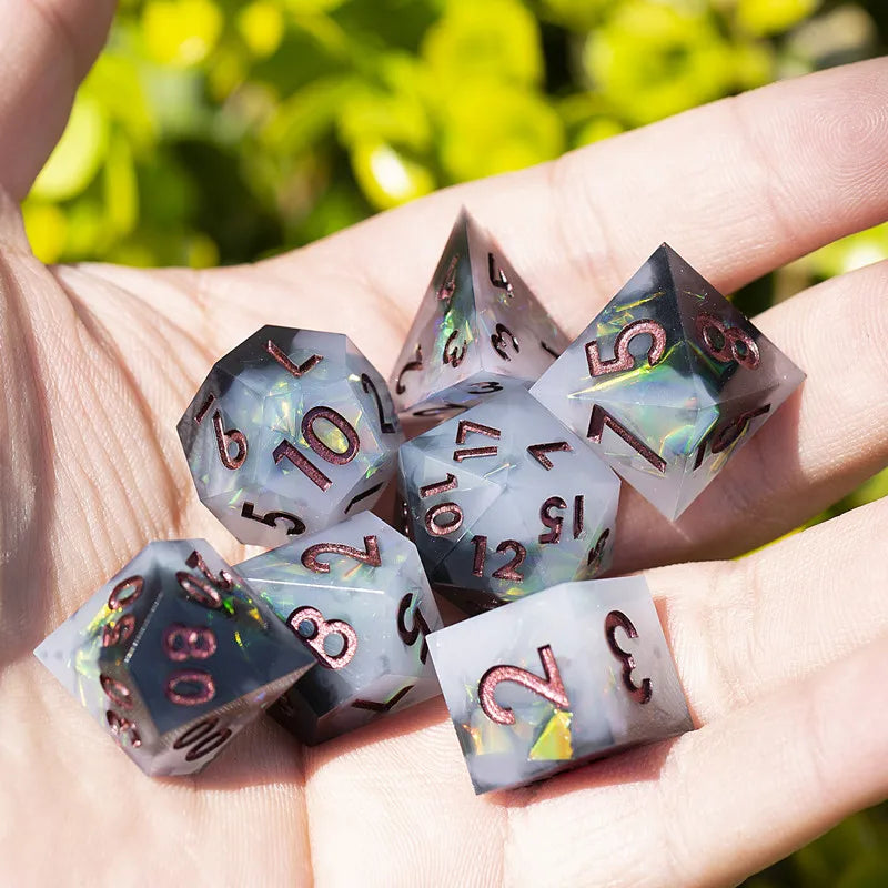 MINI PLANET Resin Dice With Sharp Edge For Dice Set Of 7 pcs Polyhedral Handmade Dice TTRPG Game D&D Dice Box Set