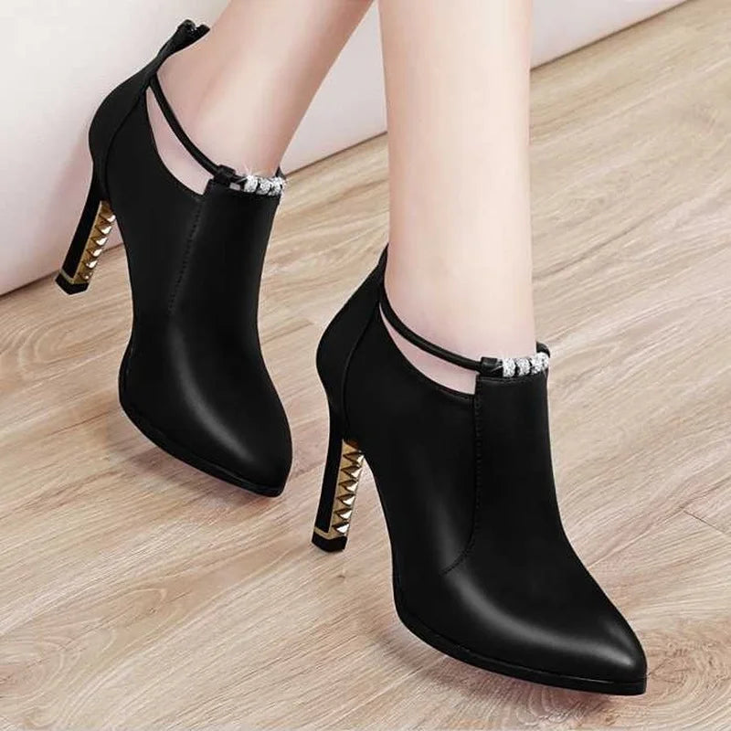 Botas Mujer2019new Winter Boots Women Shallow Round Toe Red Women's Boots Thin Heels Zip Ankle Boots Pu Leather Zapatos De Mujer