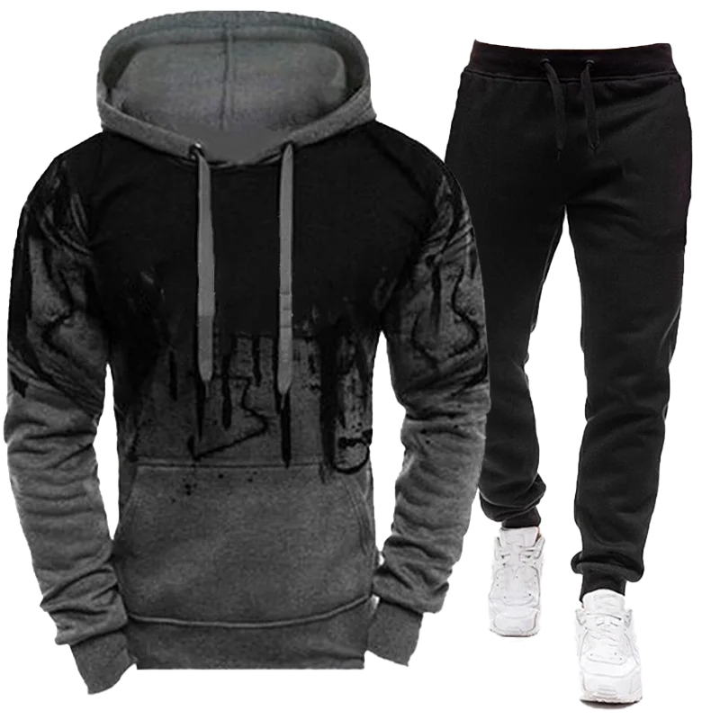 2023 Sportswear Men's casual Hoodie pants 2-piece autumn and winter jogging splash ink long sleeve splash ink sweater suit S-4XL