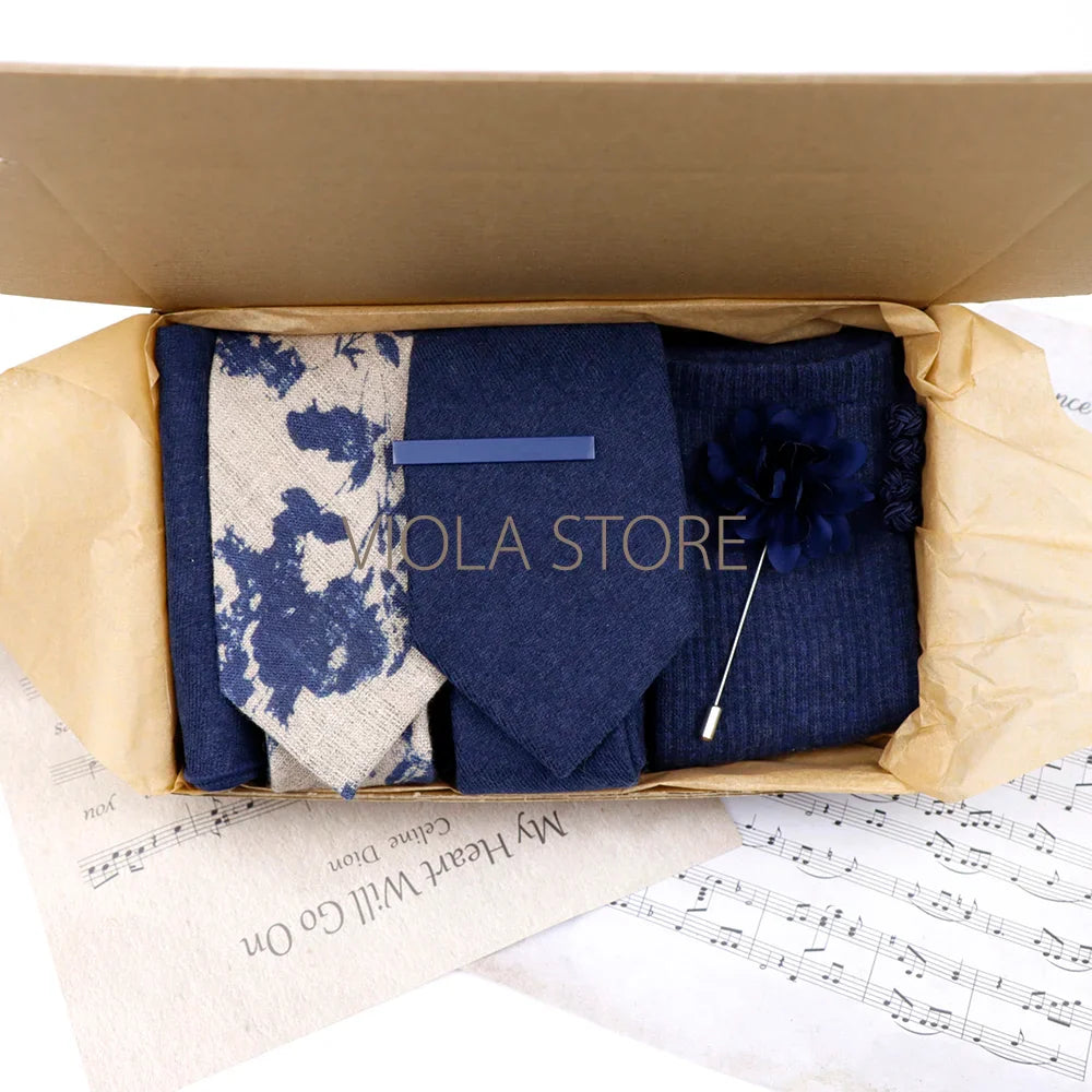 Viola Design 7 PCS Gift Box Cotton Sock Tie Sets Clip Pin Cufflinks Hanky Solid Floral Men Wedding Party Daily Cravat Accessory