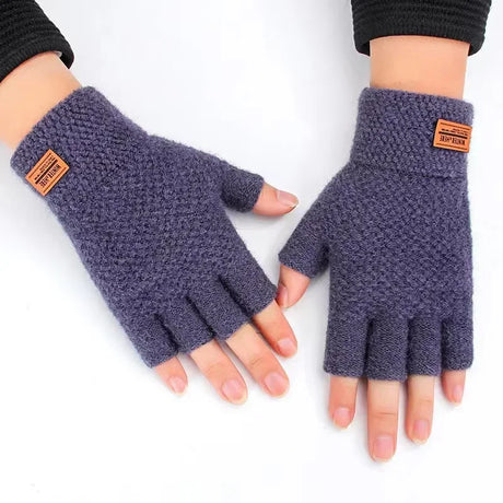 Men Winter Fingerless Gloves Half Finger Writting Office Knitted Alpaca Wool Warm Leather Label Thick Elastic Driving Gloves