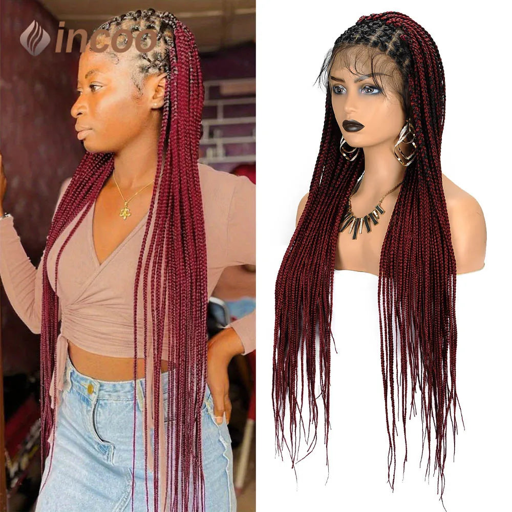 36‘’ Full Lace Braided wigs Lace Front Wig Long Criss Cross Knotless Box Braids Wig Ombre Synthetic Braided Wigs for Black Women