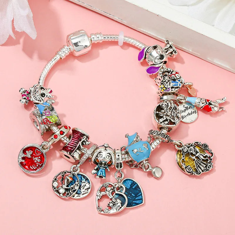 Cute Enamel Disney Princess Dress Charms Bracelet Women Colorful Glass Beads for Jewelry Making Girl Cartoon Skirt Pendants Gift