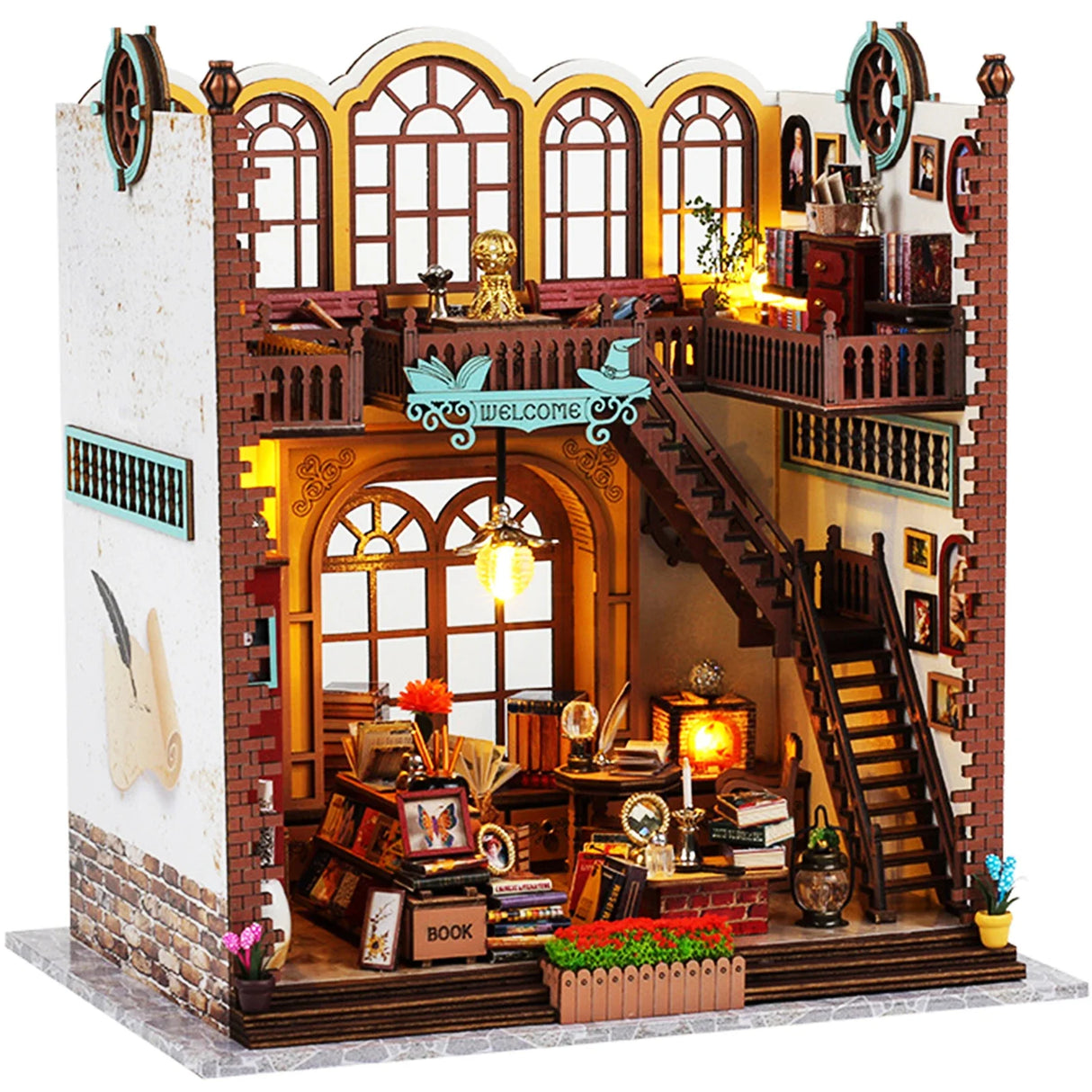 DIY book corner kit with led light 3D wooden puzzle creative bookshelf insert bookend model doll house home decoration crafts