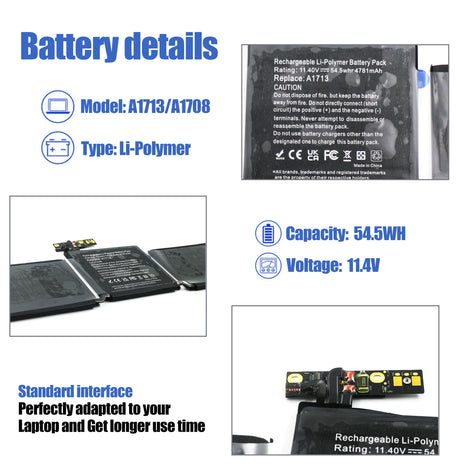 Laptop Battery Lithium Battery Recycling Machine A1713 11.4V 54.5Wh 4781mAh For the Apple MacBook Pro A1708 Model Black Series