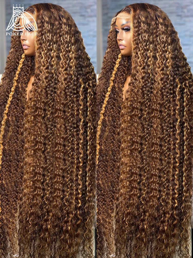 Curly Highlight 13x4 Lace Front Human Hair Honey Brown Deep Water Lace Front Human Hair Wigs  Brazilian Remy 180% For Women