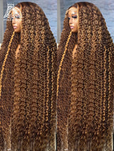 Curly Highlight 13x4 Lace Front Human Hair Honey Brown Deep Water Lace Front Human Hair Wigs  Brazilian Remy 180% For Women