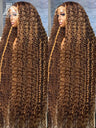 Curly Highlight 13x4 Lace Front Human Hair Honey Brown Deep Water Lace Front Human Hair Wigs  Brazilian Remy 180% For Women