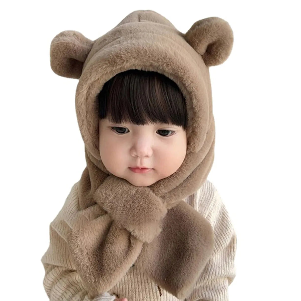 Winter Baby Hat One-Piece Faux Fur Kids Hat Hooded Scarf Bear Ears Warm Neck Ear Cap for Girls Boys Windproof Beanies Infant Cap