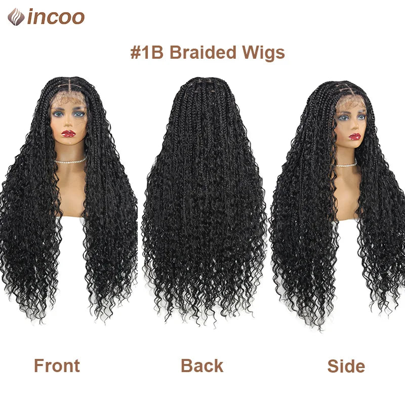 Boho Box Braid Wigs 613 Blonde 32 Inch Synthetic Full Lace Front Braided Wigs Knotless Cornrow Braids Curly Lace Wigs For Women