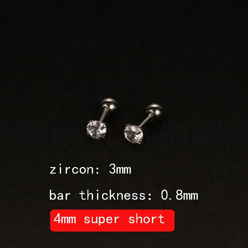 2PCS 4mm Short Ear Studs Earring Outside Upper Helix Earrings Titanium Steel CZ Crystal 3mm 4mm 5mm Mix Colors 0.8mm 20G Screw