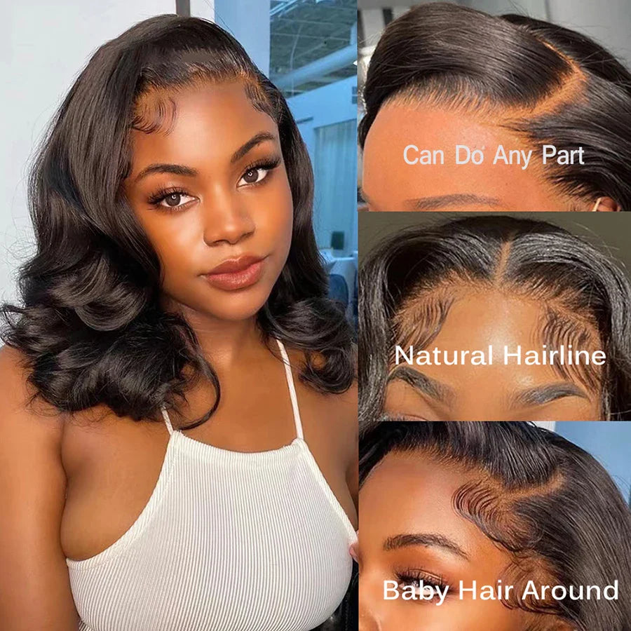 Body Wave Natural Black Bob Peruvian Human Hair Side Part Lace Front Middle Part Wig Pre Plucked Wig For Black Women 180 Density