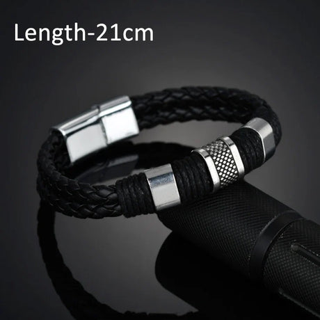 Leather Magnetic Buckle Bangle Braided Bracelet Titanium Steel Men‘s Bracelet Vintage Kpop Bangles Bracelets for Men Women Gift