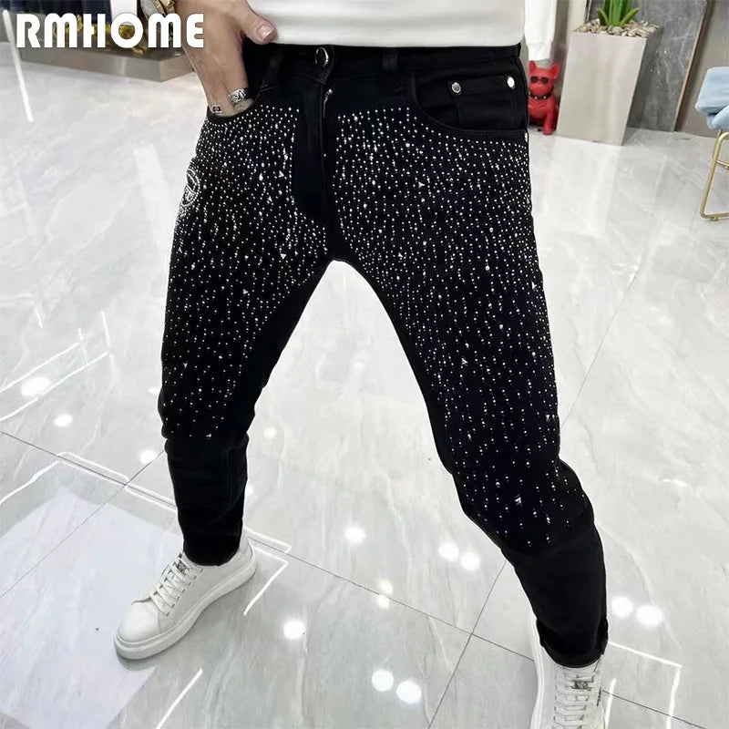 Men's Black Jeans Luxury Rhinestone Design New style Slim Male Pencil Pants All Seasons Popular Handsome Trousers Man Clothing