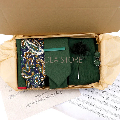 Viola Design 7 PCS Gift Box Cotton Sock Tie Sets Clip Pin Cufflinks Hanky Solid Floral Men Wedding Party Daily Cravat Accessory