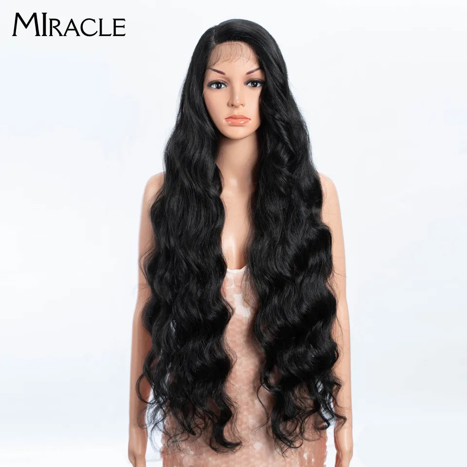 MIRACLE Synthetic Lace Front Wigs For Women Long Wavy 36 Inch Body Wavy Side Part Lace Front Wig Ombre Brown Blonde Cosplay Wig