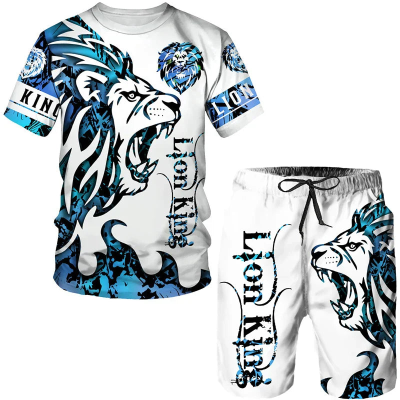 2023 Men T-shirt Set Tracksuit Training Wear Lion Pattern T-Shirt Shorts Casual Suit Oversized 2 Piece Set Sports Men Clothes