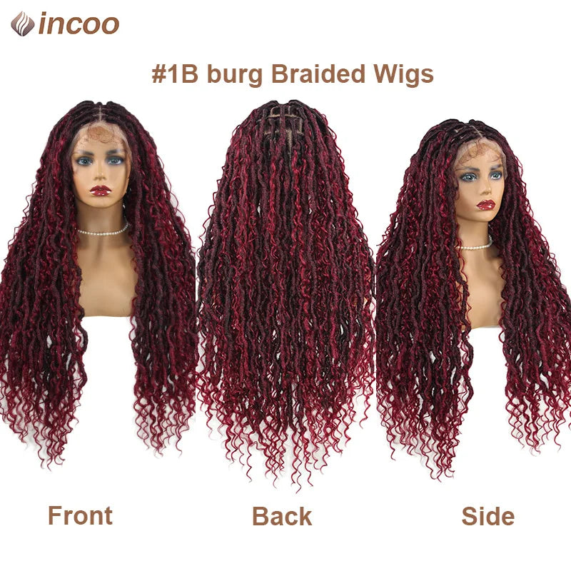 32" Butterfly Loc Full Lace Front Braided Wig With Curly Hair Distressed Knotless Box Braided Wigs For Women Black Twist Wigs