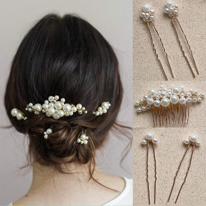 Pearl Flower Hairpin Side Comb Golden Leaf Shaped Alloy Tiaras Wedding Bride Insert Hair Clips Hair Jewelry Bride Headwear