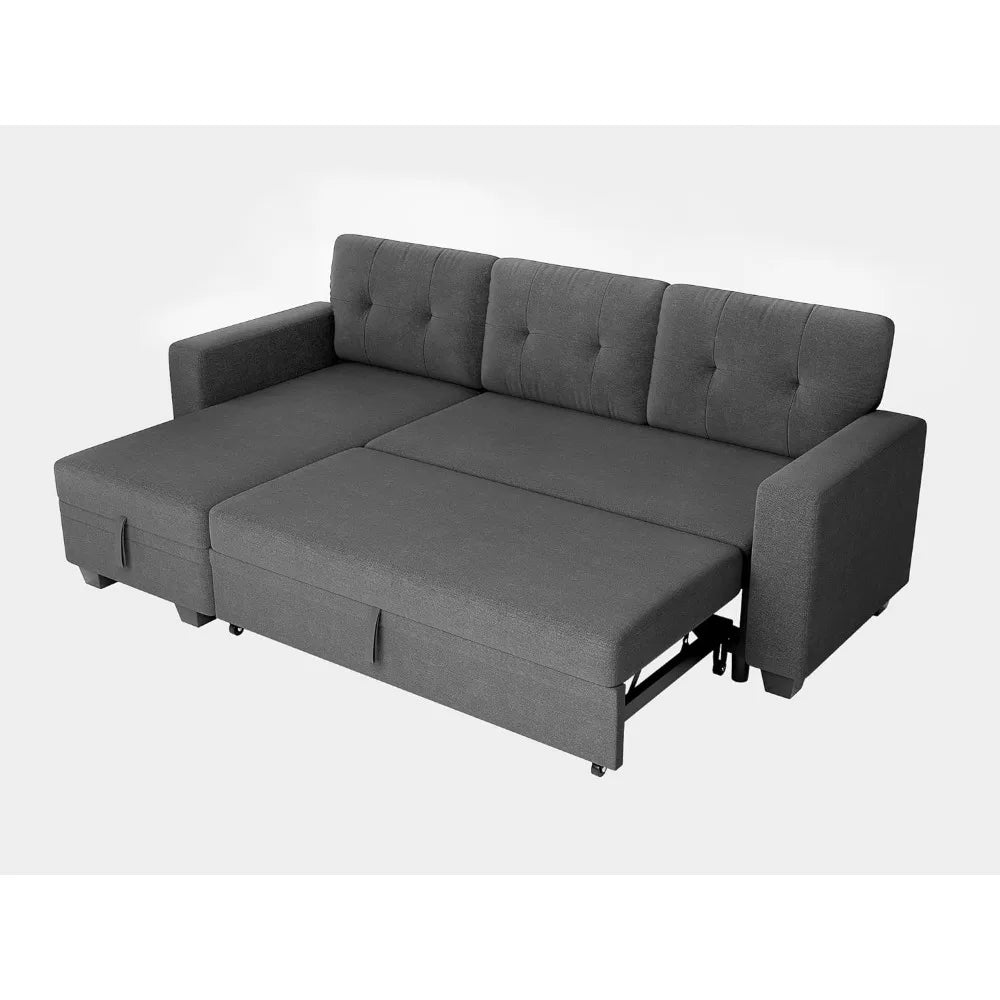 Sofa Bed Reversible Convertible Sleeper Pull Out Couches with Storage Chaise, Linen Fabric Furniture for Living Room, Dark Gray