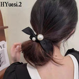 Fashion Seamless Black Hair Ties Rope Simple Pearl Beaded Ponytail Holders Rubber Band With Ribbon For Women Girls