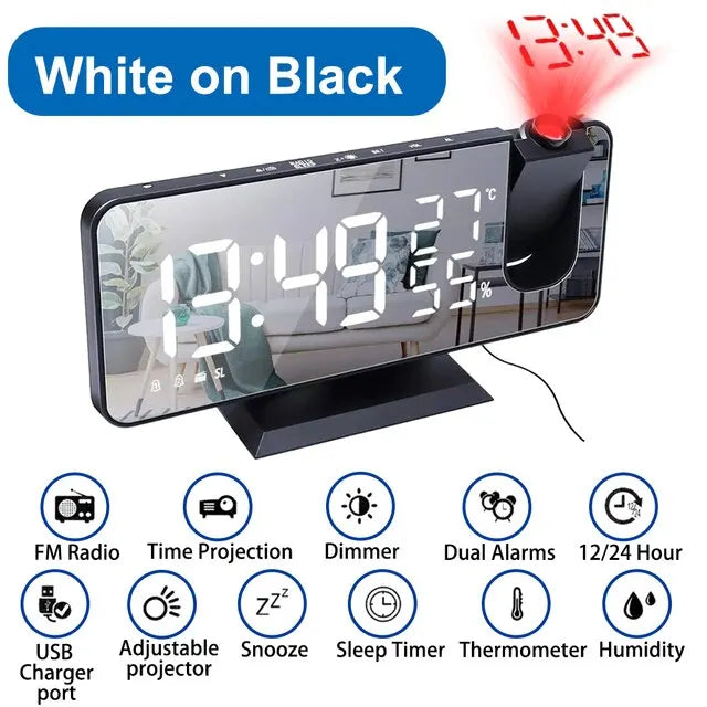 LED Digital Alarm Clock Bedroom Electric Alarm Clock with Projection FM Radio Time Projector Bedroom Bedside Clock