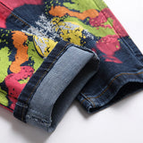 Men's Painted Stretch Denim Jeans Streetwear Colored Slim Tapered Pants Blue Trousers